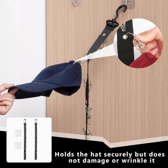 Pack van 2 cap holders - praktische wand cap holder - baseball cap holder - cap holder met 16 clips - cap organiser met 2 haken - zelfklevend - voor het opbergen van hoeden - basque cap en meer van Merkloos	 — afbeelding 4