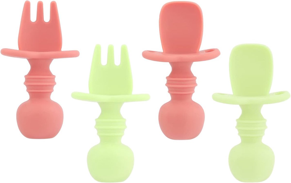 Image of 2 Pair Baby Spoon en Fork - Zelf-Voeding Silicone Baby Spoon 6+ Maanden - BPA Vrije Baby Training Spoon Silicone Baby Bestek voor 6-12 Maanden Baby's en Zuigelingen (Groen, Roze)