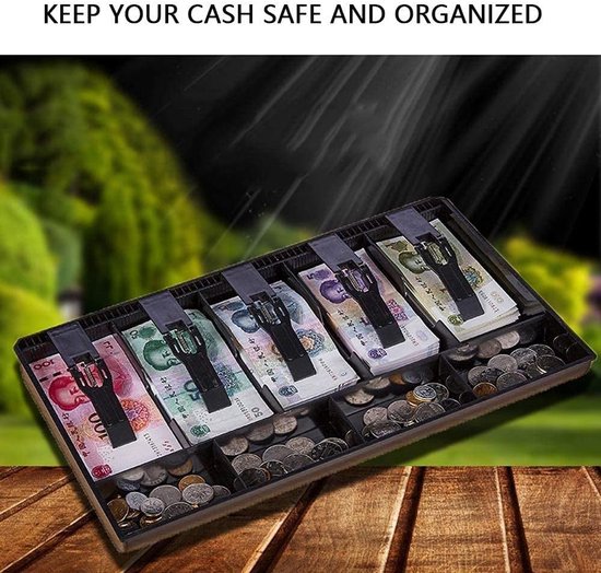 Cash drawer, 40.5 x 24.5 x 3.5 cm, money organiser, cash drawer, 9 compartments with 5 banknotes and 4 coins, removable cash drawer for point of sale system (black) van Merkloos	 — afbeelding 4