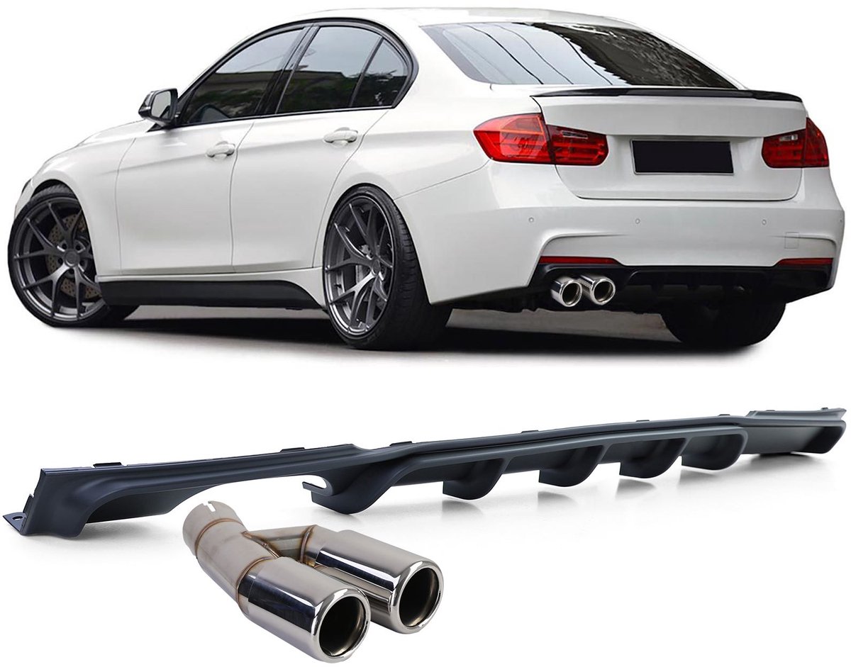 Sport Diffuser Mat Zwart + Uitlaat Sierstuk Chrome Geschikt Voor BMW 3 Serie F30 F31 316i 318i 320i M Pakket