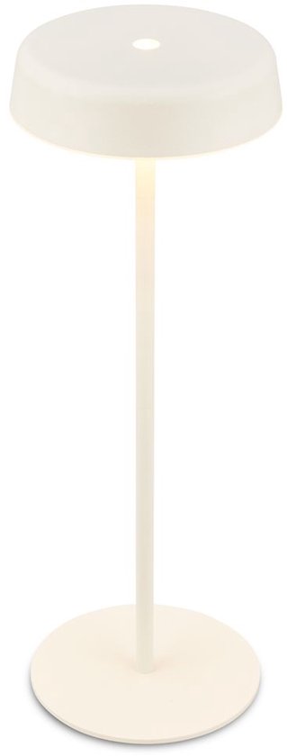 Lampe de table moderne blanche sans fil sur un pied circulaire blanc, avec un pied élancé.