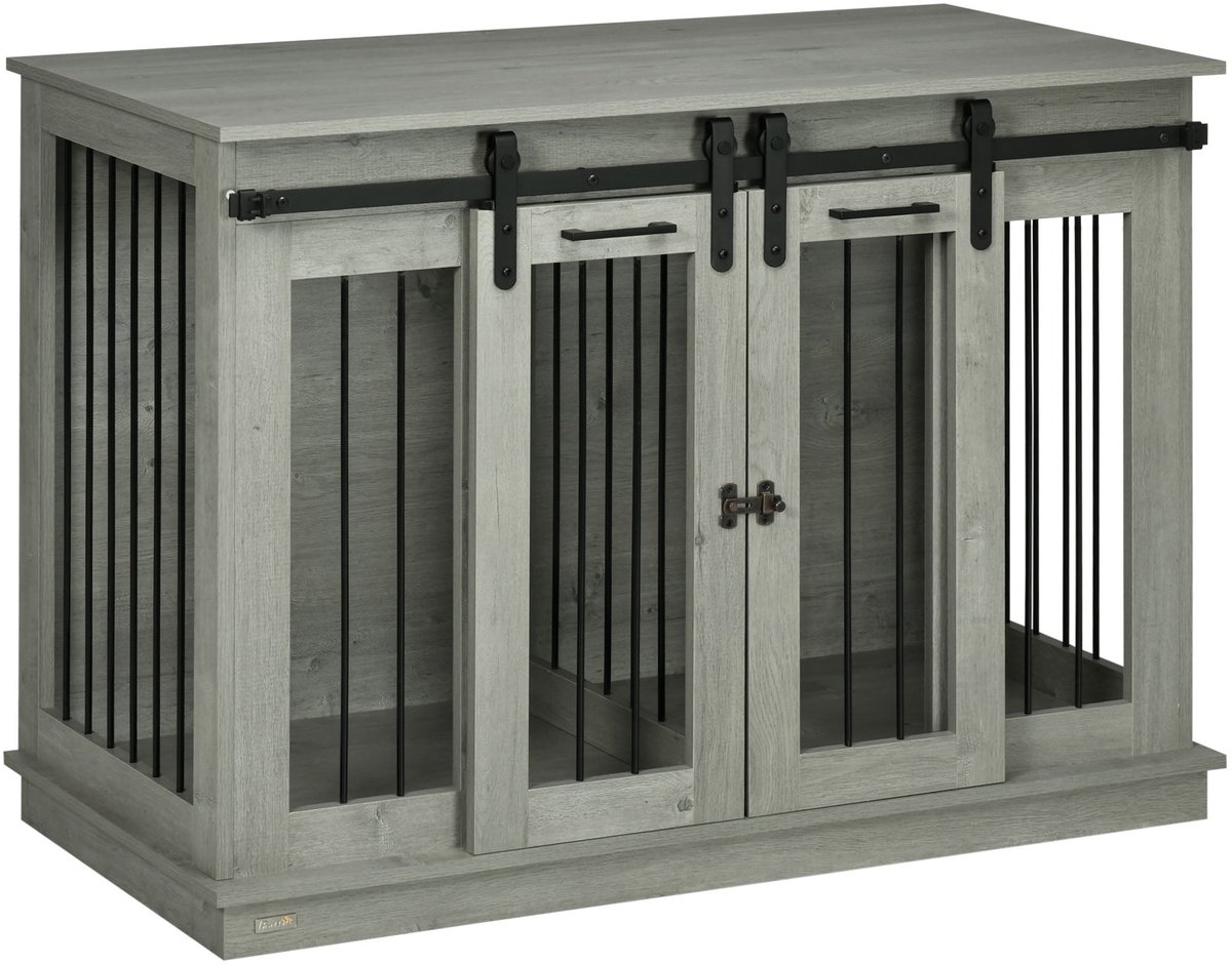 Merax Hondenbench Hout Binnen 120x60x88.5 cm Hondenkooi Met 2 Deuren En Scheidingswand Voor Middelgrote Honden Grijs