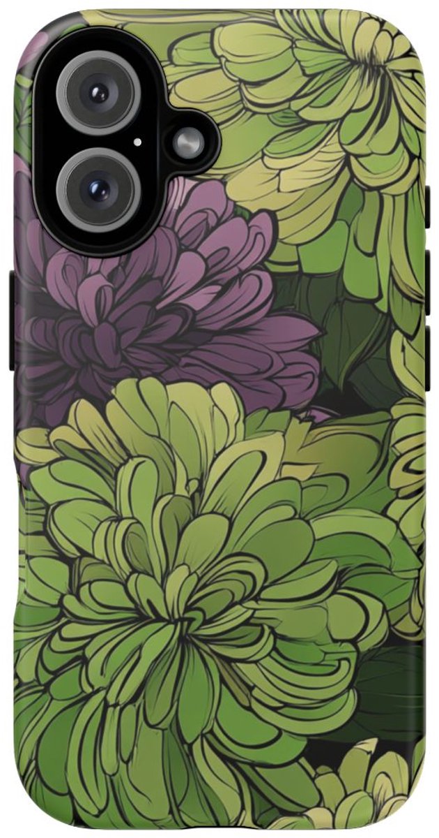 Groen-Paarse Chrysantenprint – Telefoonhoesje Geschikt voor iPhone 16