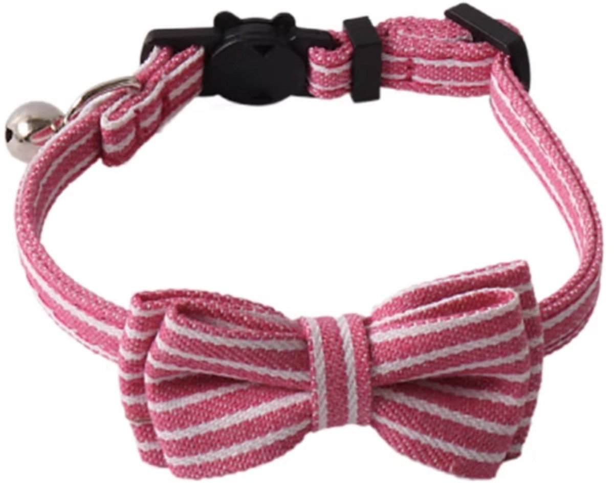 Cats&Co® Kattenhalsband - Puppyhalsbandje met strik Roze streep denim - Katten halsband - met strik