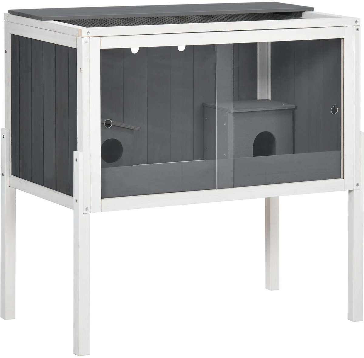 Merax Houten Hamsterkooi 82x45x81 cm Groot Hamsterverblijf Met 2 Huisjes Opbergvak En Draaideuren Voor Zwerghamsters En Muizen Donkergrijs