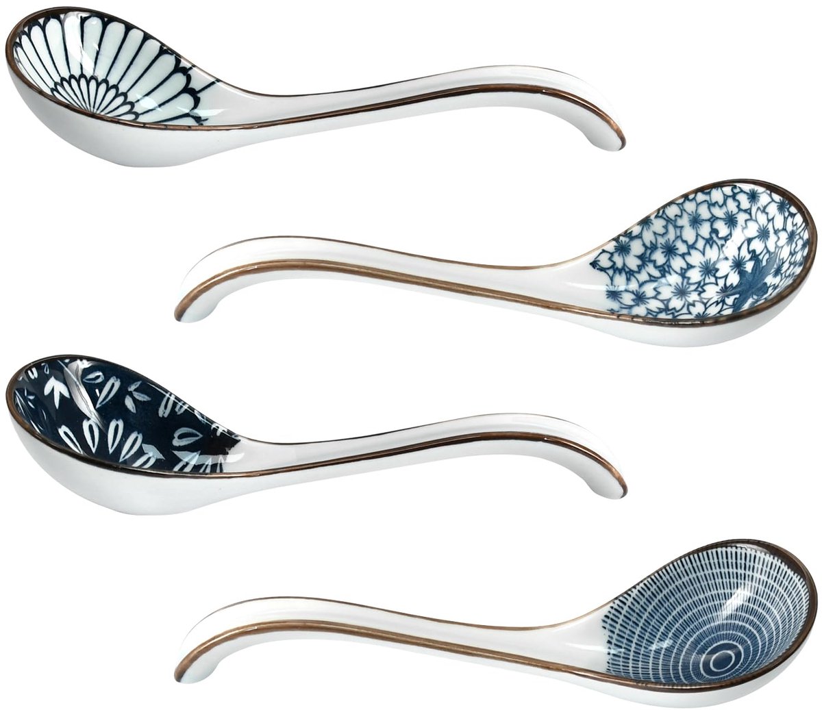 Ibenzoa® Japanse Set van 4 Luxe Keramische Soeplepels voor Aziatische Gerechten met Comfortabele Lange Handgreep Wit Blauw