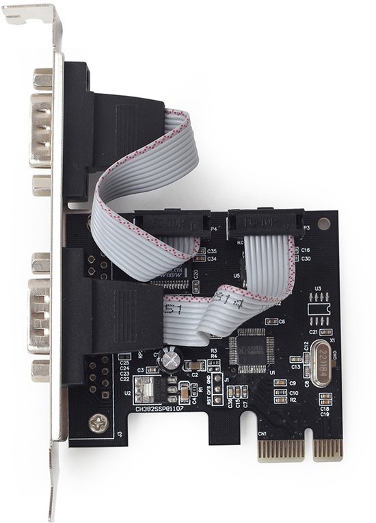 Zwarte PCI-Express kaart met 2 seriële poorten, zilveren beugel en grijze lintkabels.
