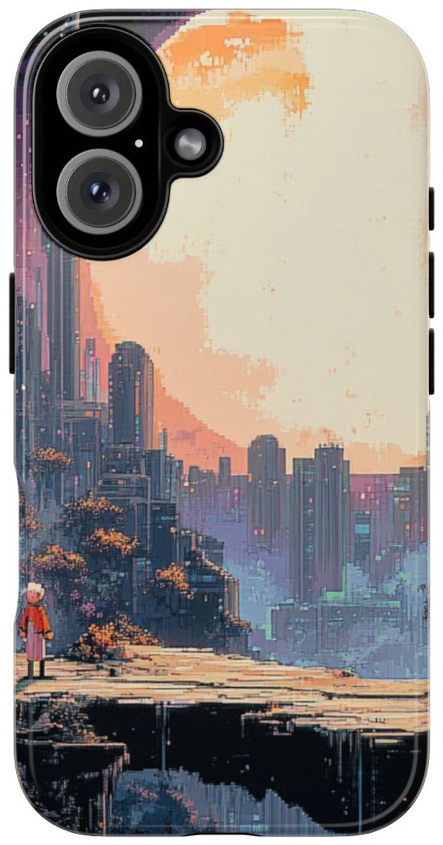 Pixel Art Stadsgezicht met Grote Maan – Telefoonhoesje Geschikt voor iPhone 16