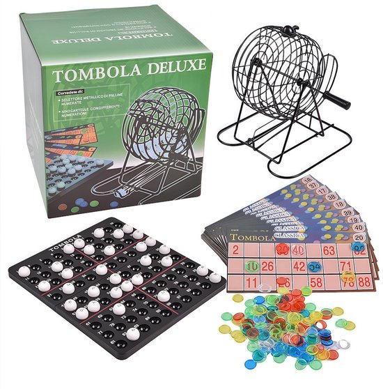 Decopatent - Tombola Bingo Spel Deluxe - Bingomolen - Tombola Deluxe - Bingoballen - Bingo kaarten - Fiches - Spelbord - Bingo molen - Metaal - Lotto Kinderspel