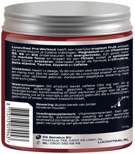 Achterkant pot Lucovitaal Pre-Workout Tropisch Fruit. Informatie over dosering, waarschuwingen, ingrediënten en voedingswaarden.