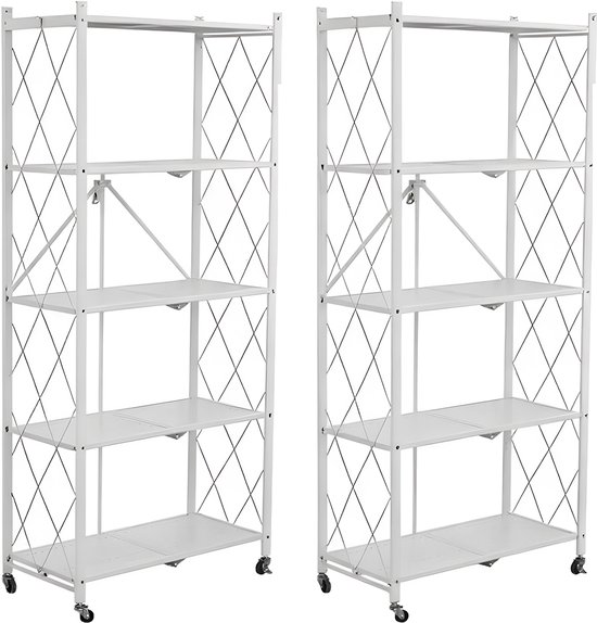 FOXSPORT Inklapbare stellingkast -5 plank kast - Opbergplanken - Met 360° wielen - 2 stuks - Open Vakkenkast - Keuken Opslag - Keuken Organizer - Stevig Opbergrek Magnetron - Keukenrek - Roestvrij Staal - Industrieel - 71.5x36.5x163cm - Wit