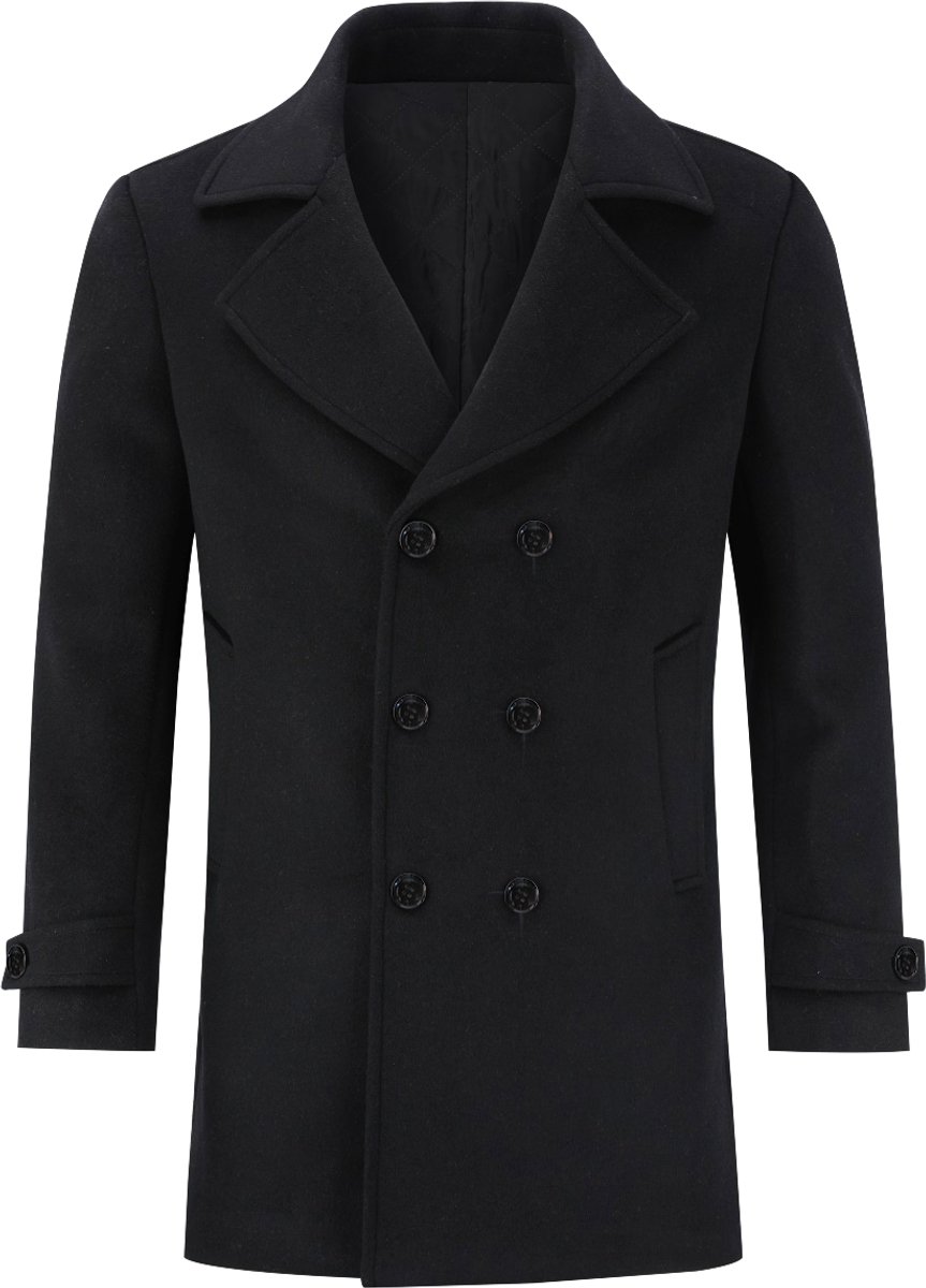 ALLTHEMEN Heren Effen Dubbelrijige Overjas Wollen Dikke Coat - Kort Gevoerd Winterjack - M