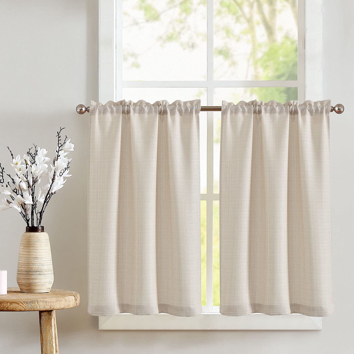 Ibenzoa Duurzame Keuken Gordijnen Beige Linnenlook Set van 2 - Perfect voor Kleine Ramen en Camper