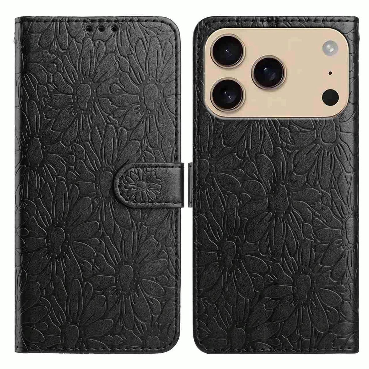 Mobigear Telefoonhoesje geschikt voor Apple iPhone 17 Pro Max Hoesje | Mobigear Flowers Bookcase Portemonnee | Pasjeshouder voor 3 Pasjes | Telefoonhoesje voor Pinpas / OV Kaart / Rijbewijs - Zwart