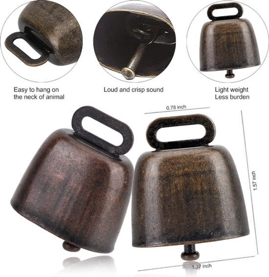 Twee bronzen bellen, met afmetingen.