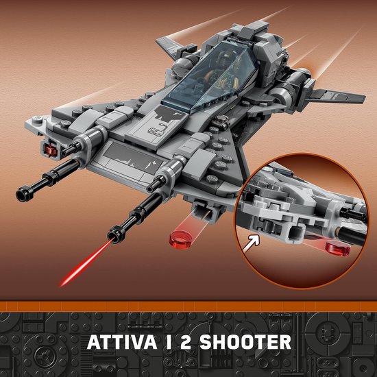 Grijze LEGO Star Wars "Pirate Snub Fighter" model dat vuurt met rode lasers, in vlucht.