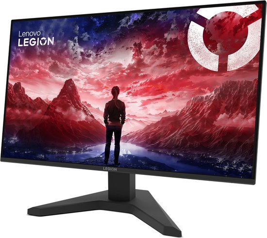 Schuine weergave van een zwarte Lenovo Legion monitor met een achtergrond van rode en blauwe bergen.
