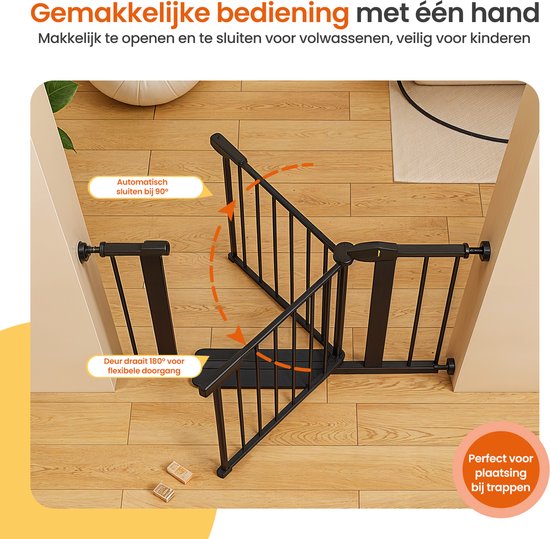 Een zwart metalen traphekje geopend in een deuropening, met pijlen die de draairichting aanduiden.