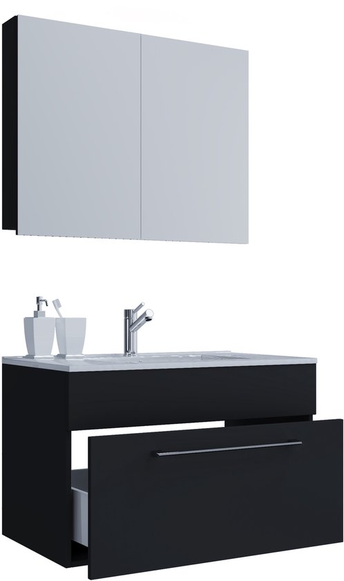 Enfachgutemoebel Waschtsch-Set Bad-Set Waschplatz LNETTE 80cm Schublade, 2-tlg Enbaubecken