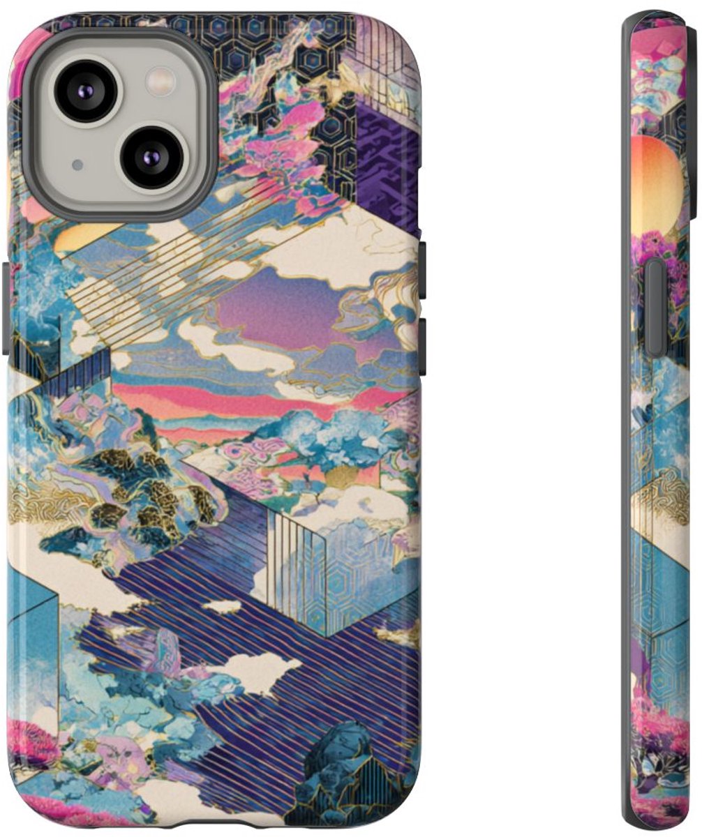 Abstracte Geometrische Landschap met Roze Bomen – Telefoonhoesje Geschikt voor iPhone 14