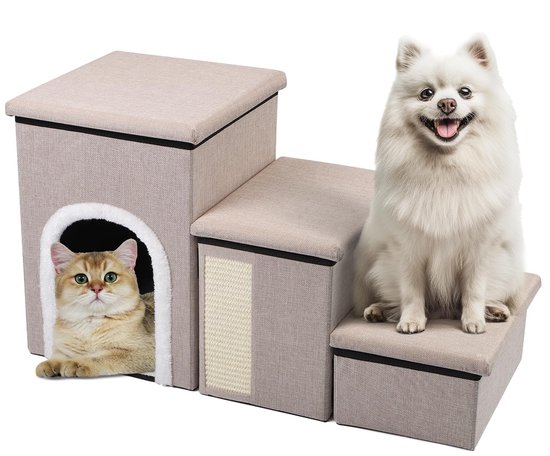 Foto: Opvouwbare hondentrap voor bank en bed 75l 35b 43h cm trap voor kleine oudere grote honden en katten trap met 3 treden voor honden met een groot appartement opbergruimte krabplank voor katten beige trap voor honden