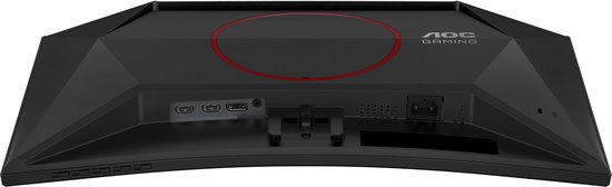 Achterkant monitor met rode cirkel en AOC Gaming logo. Aansluitingen zichtbaar.