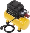 Gele Powerplus compressor met zwarte bovenkant. Dubbele drukmeters zichtbaar.