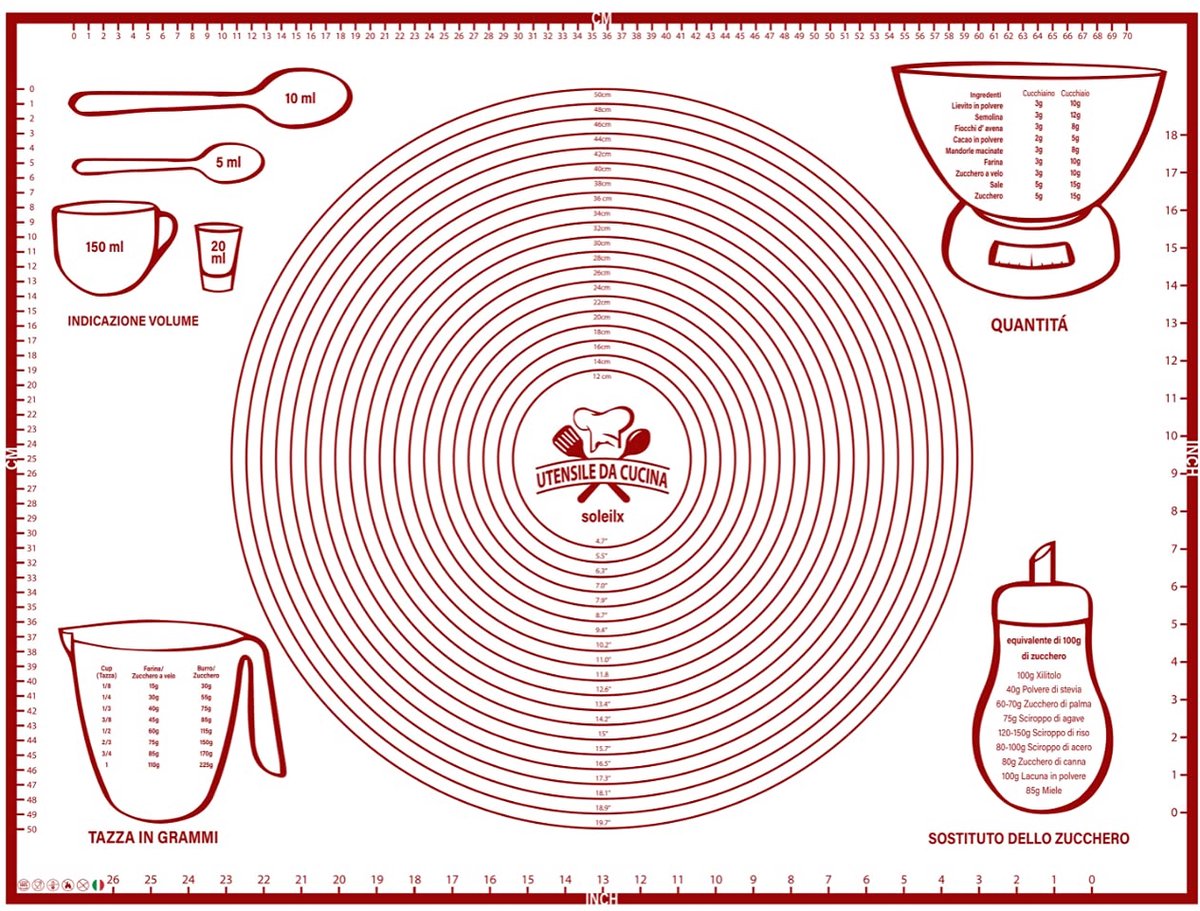 Soleilx Bakmat voor het kneden, 80 x 60 cm, Siliconen, Herbruikbaar, Antiaanbaklaag, Hittebestendig, Tapijt voor zelfgemaakte pasta, Banketbakkerijen