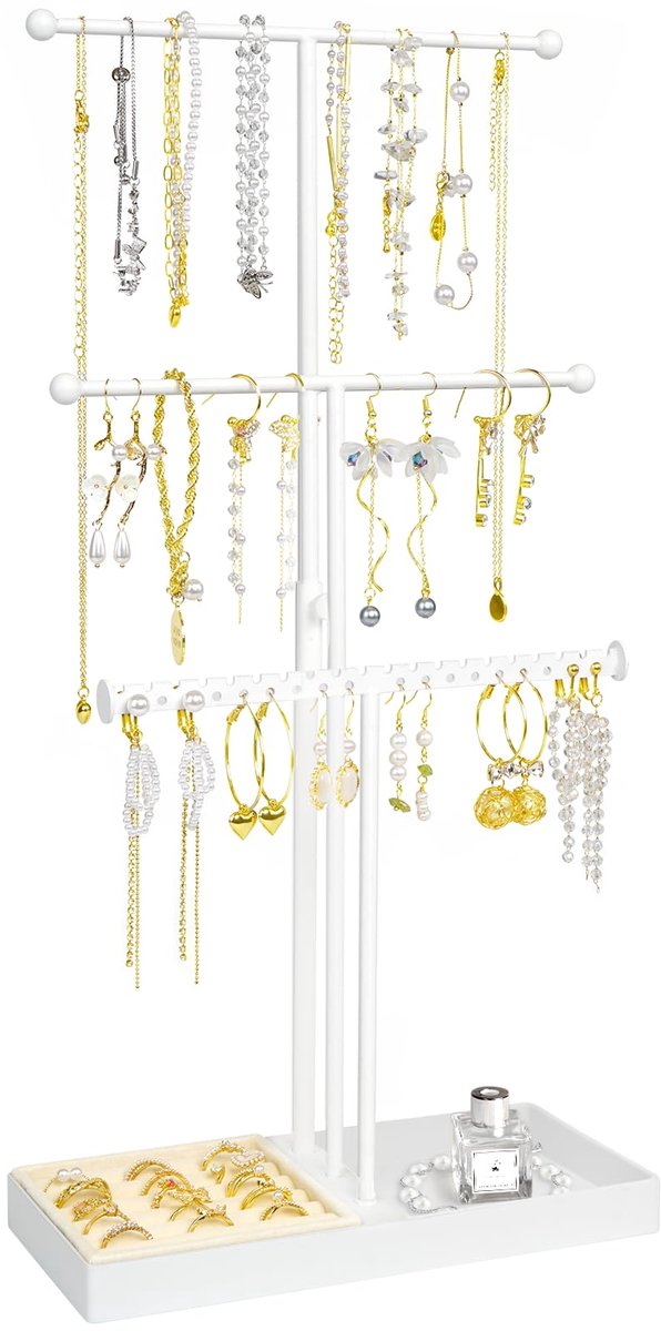 Mepure Sieradenstandaard, 3-laags, in hoogte verstelbare sieradenboom voor het opbergen van kettingen, metalen sieradenhouder met fluwelen lade voor oorbellen, ringen, armbanden, horloges, cadeaus voor vrouwen, wit