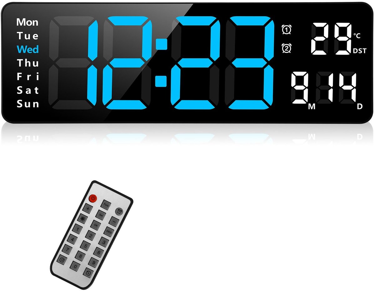 Digitale wandklok van Fuloon, 13 inch digitale wandklok, grote LED-wandklok, digitale wekker met afstandsbediening, tijdsaanduiding en aftelling, datum, week, temperatuur, digitale kalender voor slaapkamer en woonkamer