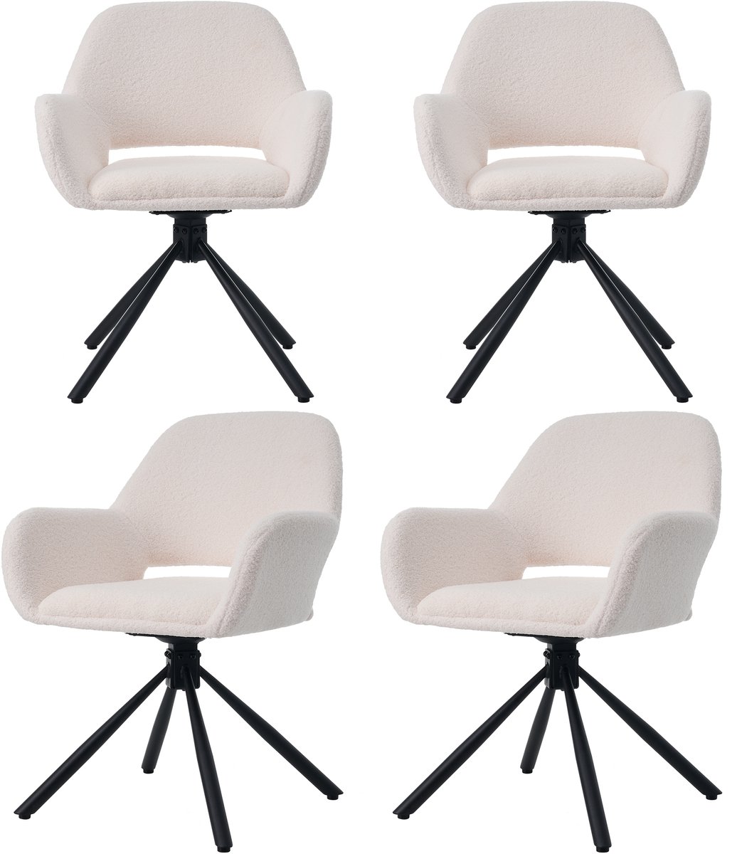 Merax Lamswollen stofeetkamerstoelen - set van 4 met armleuningen - modern minimalistisch - eetkamerstoelen - lounge draaistoel - wit