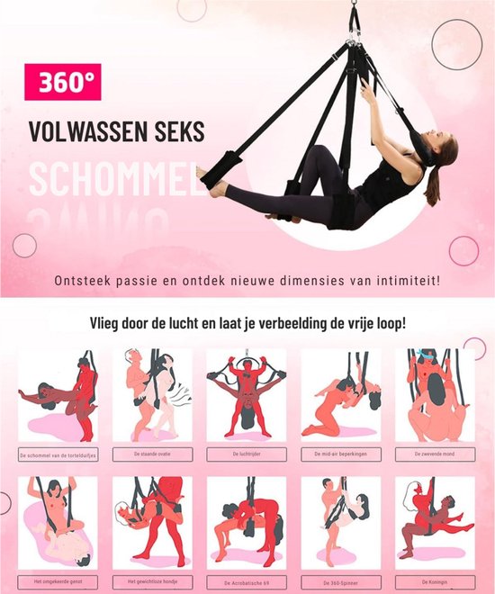 Vrouw hangend in een zwarte seksschommel tegen een roze achtergrond, met tekst '360° VOLWASSEN SEKS SCHOMMEL'. Galerij met kleine illustraties van verschillende posities.