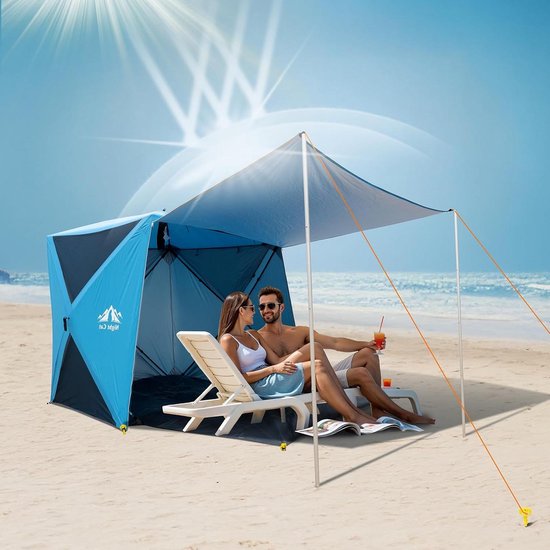 Relaxdays pop up strandtent, UV-bescherming 50, met haringen & draagtas, HxBxD: 110 x 140 x 145 cm, 2 personen, blauw
