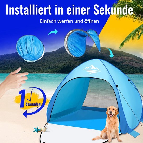 Strandmuschel Pop Up 3-4 Personen mit Sonnensegel | UV Sonnenschutz UPF 50 | für Familien