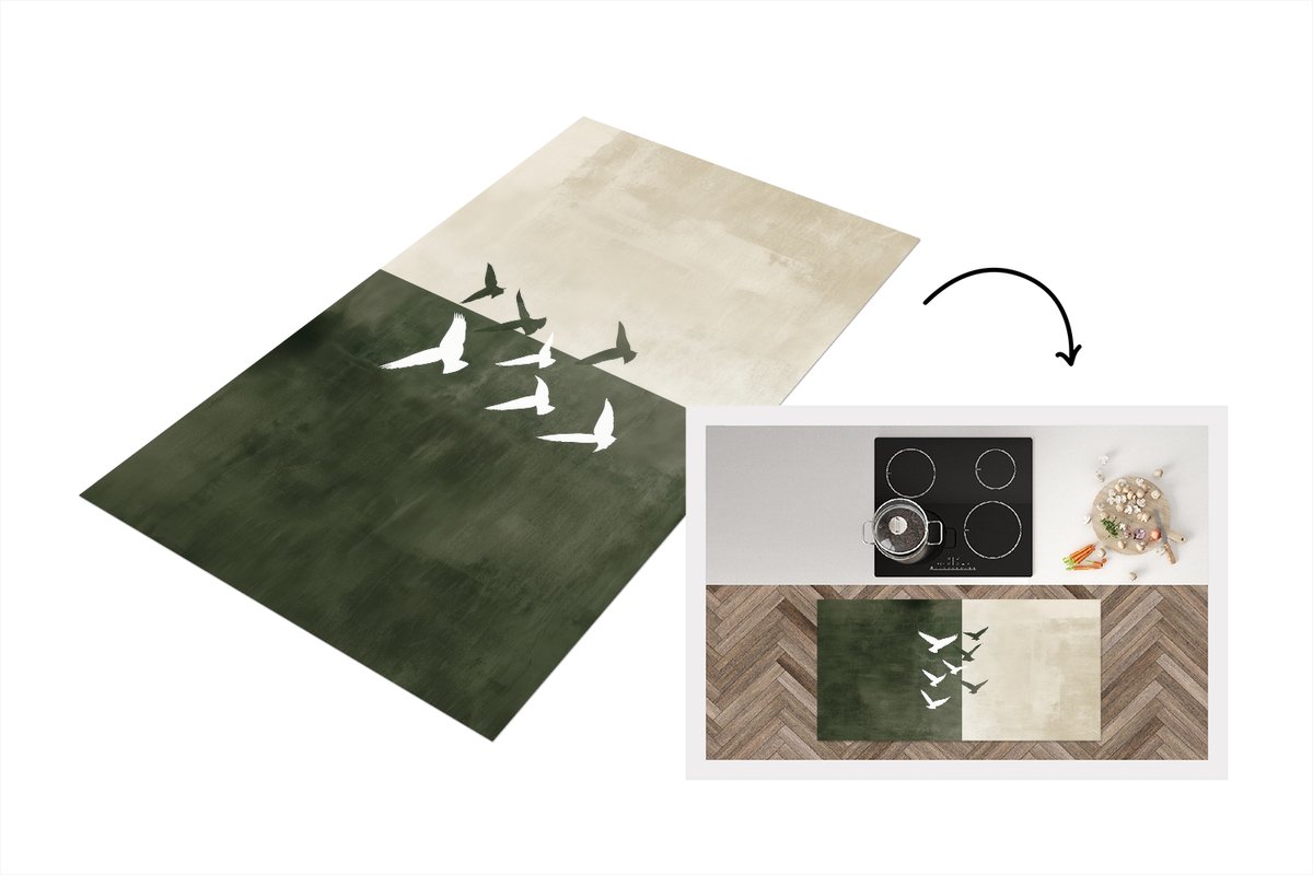 KitchenYeah Keukenloper 120x60 cm - Keukenmat vinyl Japandi - Vogel - Groen - Keukenmatten loper - Keuken vloerkleed tapijt Vogels