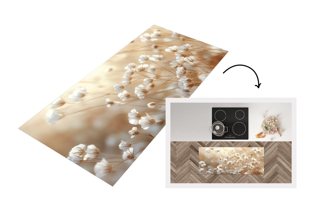 KitchenYeah Keukenloper 120x50 cm - Keukenmat vinyl Wilde - Bloemen - Wit - Keukenmatten loper - Keuken vloerkleed tapijt