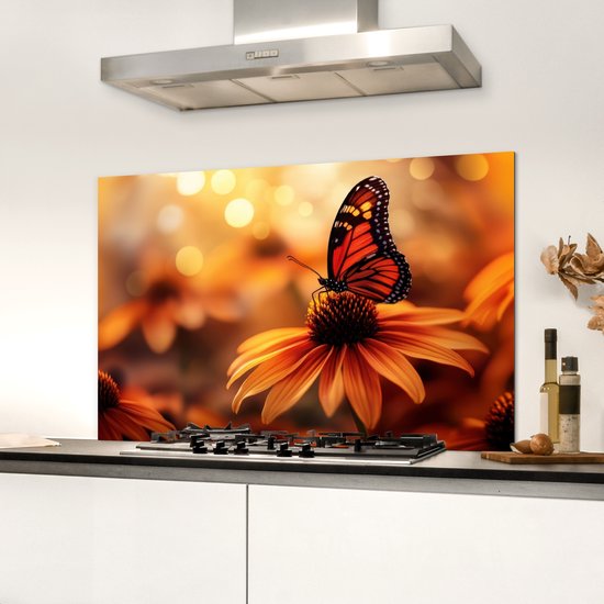 Crédence de Cuisinière en Aluminium 90x60 cm - Papillon - Fleurs - Orange - Écran Pare-éclaboussures pour Plaque de Cuisson - Protection Murale
