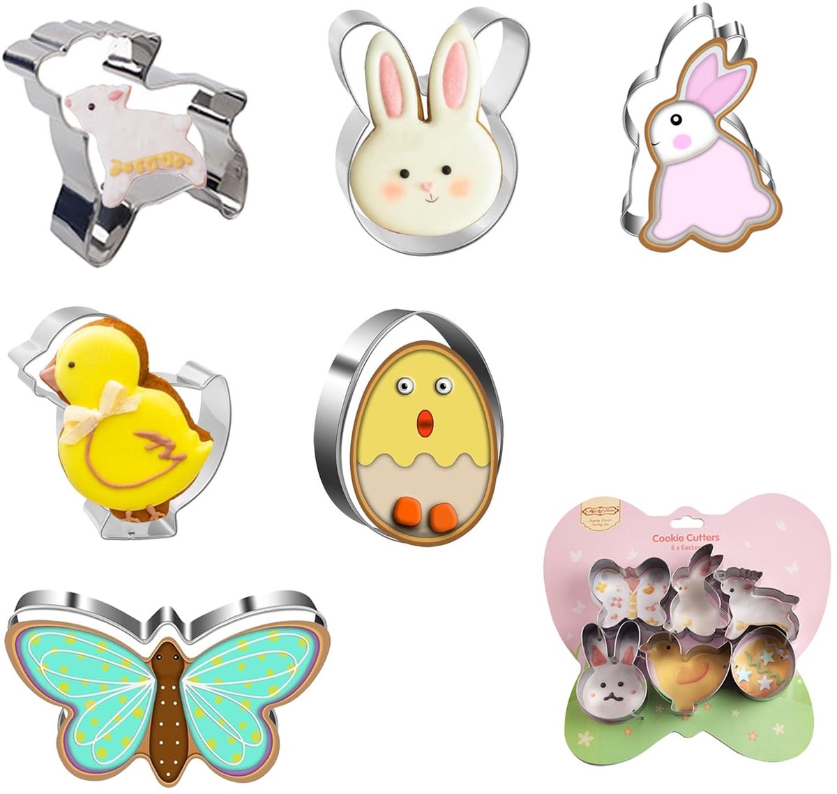 Set van 6 roestvrijstalen paaskoekjesvormpjes, paaskoekjesvormpjes, koekjesvormpjes voor kinderen om te bakken, paaskoekjesvormpjes, koekjesvormen voor eieren, wortels, kuikens, konijnenkoppen en vlinders