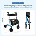 Een turquoise rollator in opengeklapte en opgevouwen toestand. Afmetingen zijn aangegeven: 82-95 cm hoog, 70 cm breed, 61 cm diep, 20 cm opgevouwen.