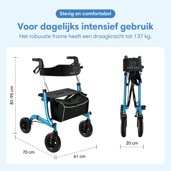 Een turquoise rollator in opengeklapte en opgevouwen toestand. Afmetingen zijn aangegeven: 82-95 cm hoog, 70 cm breed, 61 cm diep, 20 cm opgevouwen.