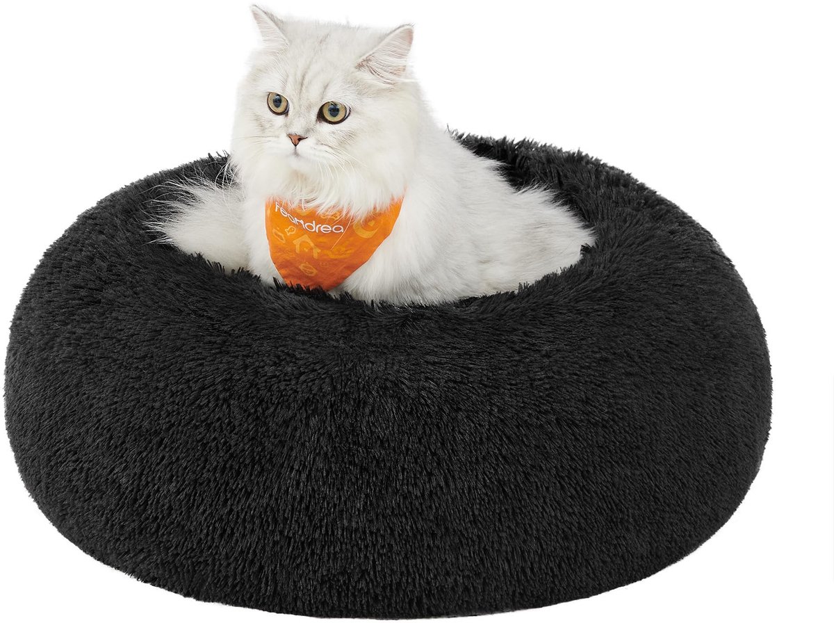 Feandrea fluffy hondenbed, kattenbed, donutkussen, wasbaar, uitneembare middenvulling, lange pluche, 50 cm diameter, inktzwart PGW037B01