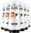 Groupe de six bouteilles de revitalisant Gliss Total Repair, avec une illustration d'une goutte orange sur le devant.