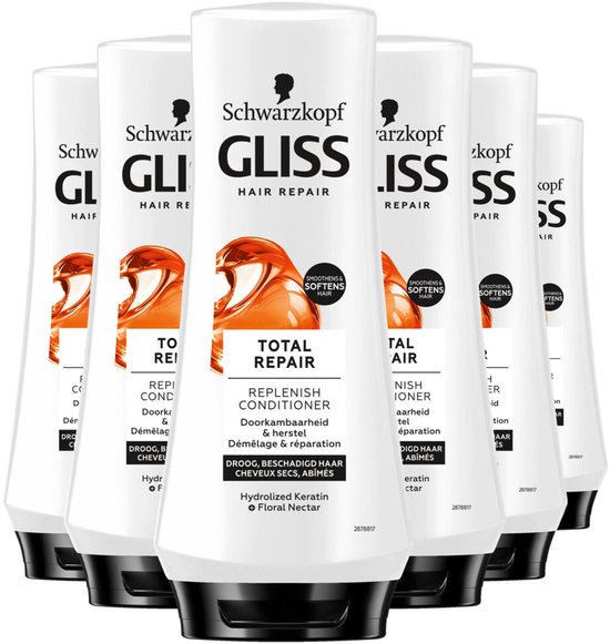 Groupe de six bouteilles de revitalisant Gliss Total Repair, avec une illustration d'une goutte orange sur le devant.