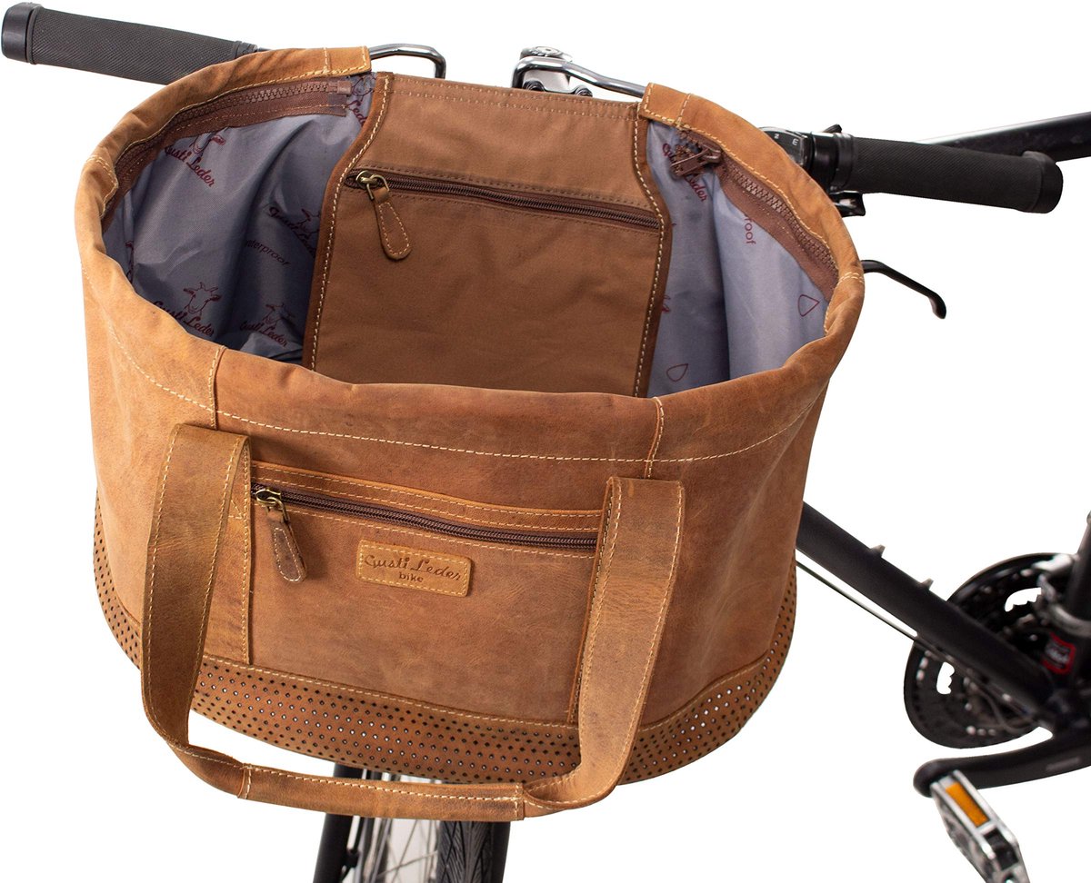 Gusti stuurtas leer-Egan B. stuurmand fietsmand afneembare mand handvat tas picknickmand inbouw bruin leer