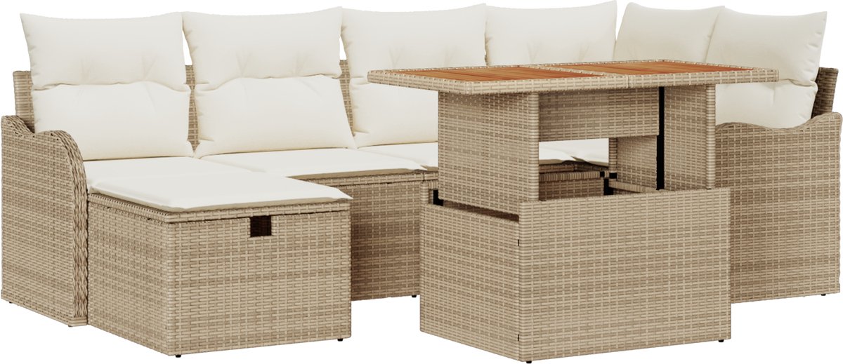 vidaXL - Tuinbank - Set - 7 - pcs - Beige - poly - rattan
