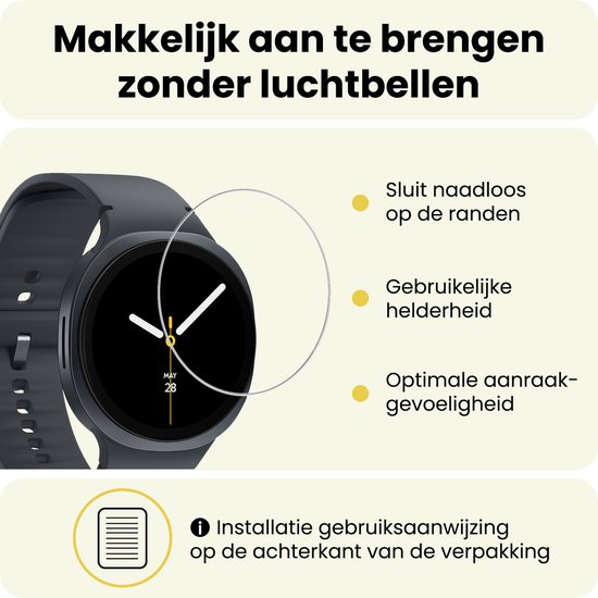 Donkergrijze smartwatch met beschermfolie. Makkelijk aan te brengen zonder luchtbellen, sluit naadloos op de randen.