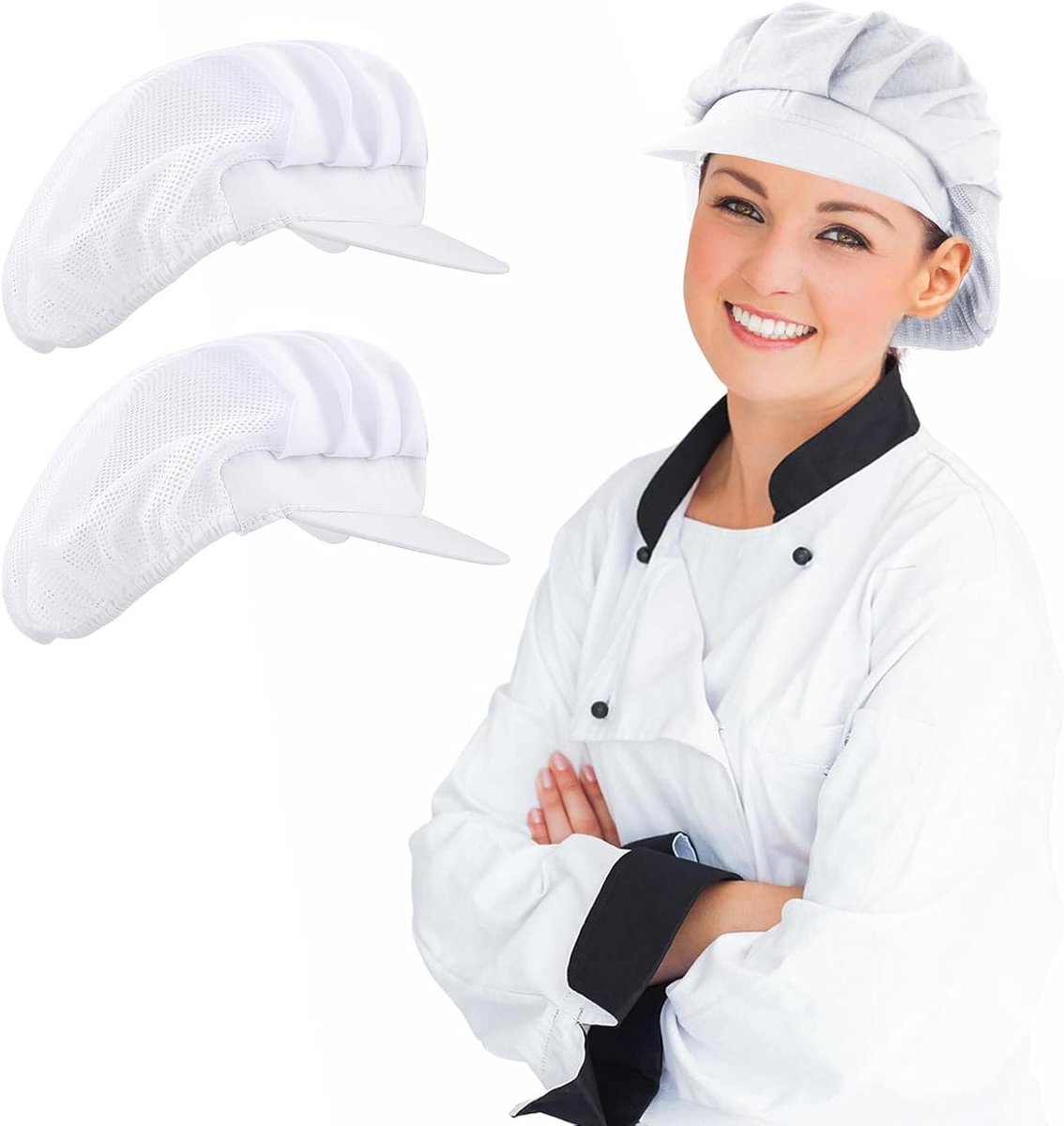Allecto Plus - Chef Hoeden Set van 2 stuks voor Keuken Baker Koken - Haarnetten Food Service Wit - Unisex One size - Vrouwen Mannen - Rand