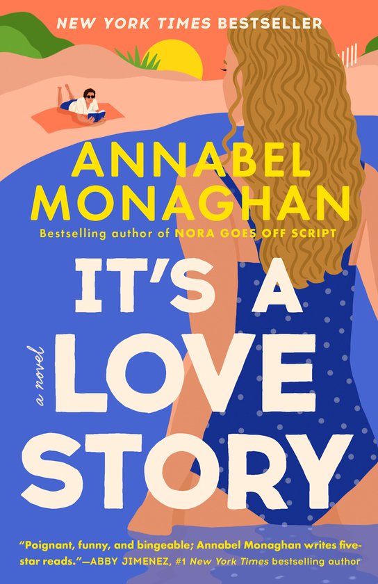 Boekomslag van 'It's a Love Story' met een vrouw in badpak en een strandscène op de achtergrond. "NEW YORK TIMES BESTSELLER"
