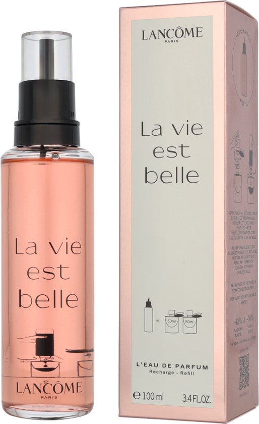 Lancôme La Vie est Belle Eau de Parfum navulfles met roze vloeistof, naast de navulverpakking.