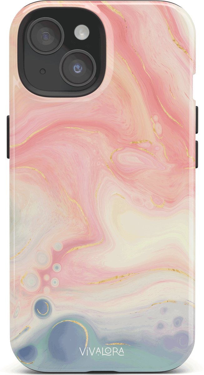 VivaLora Tough Telefoonhoesje iPhone 15 met MagSafe - Bubble Swirl Print - 2-in-1 Phone Case - Hard Case & Siliconen Backcover - Extra Bescherming - Shockproof Cover - Marble Roze